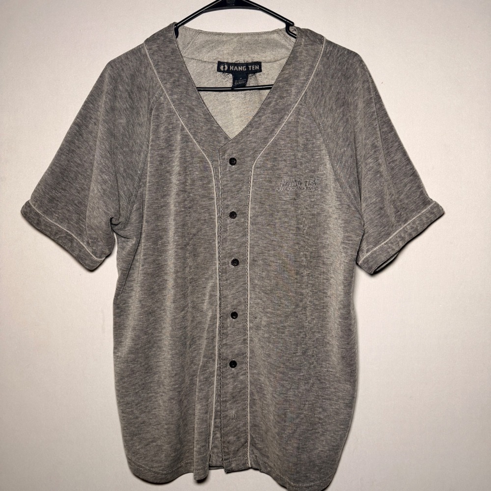 VTG Hang Ten Shirt Jersey Mens Medium Gray Poly Cotton Ribbed Knit Surf
